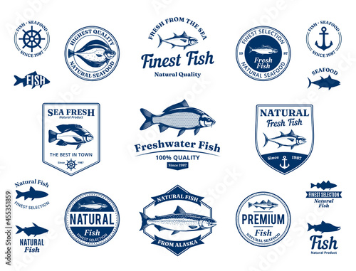 Vector fish logo, labels, icons and illustrations