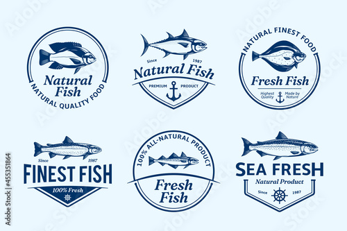 Tablou canvas Vector fish label templates, badges and fish illustrations