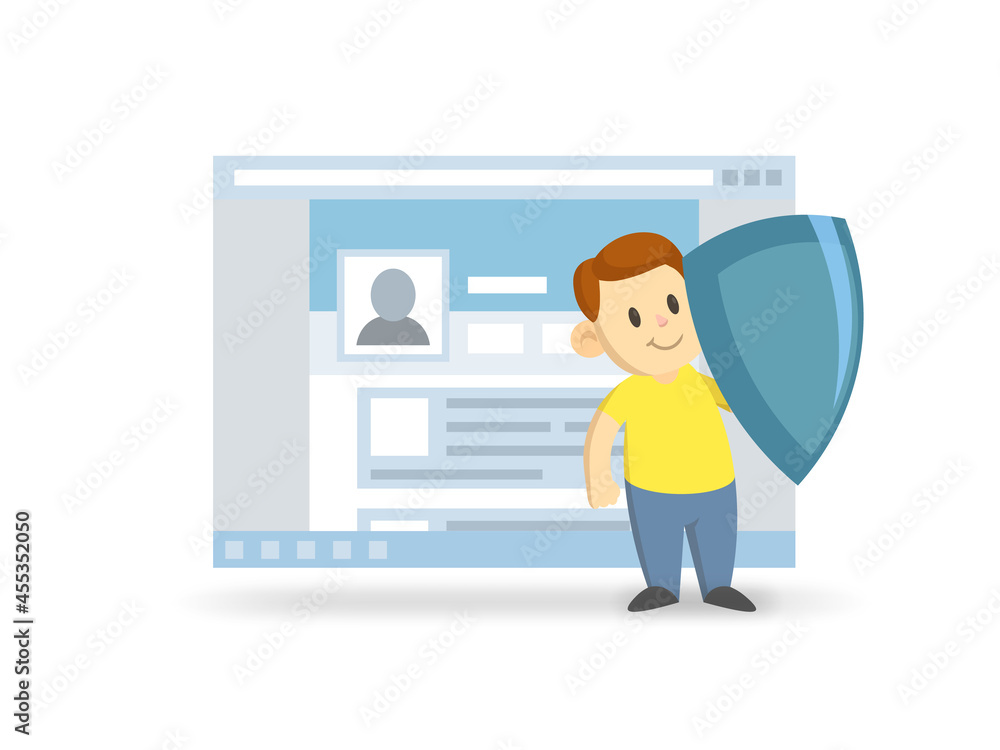 Internet Safety for Children. A boy with a shield on the background of a browser window with profile in social networks. Parental control function. Vector illustration, isolated on white.