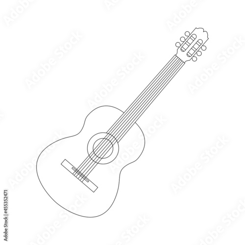 Guitar linear icon on a white background. Musical string instrument. Thin black line customizable illustration. 