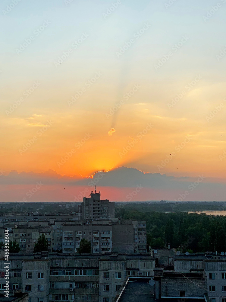Top view on the Kremenchuk city during sunset, Poltava region, Ukraine. Residential houses on Rakovka, Kremenchuk neighborhood, located in the southeast of the right bank of the city.
