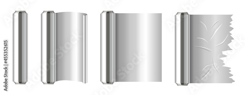 Set of roll of silver aluminium foil. Realistic stickers with cooking accessories. Foil for baking. Design elements for posters and banners. 3D modern vector collection isolated on white background