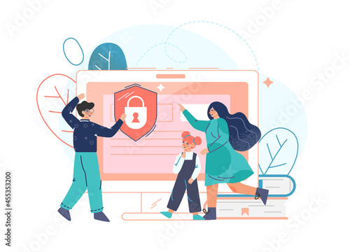 Parental control software, access restrict for children flat vector illustration. Dad and mom block prohibited or inappropriate content on social media. Parents provide safe internet for daughter. photo