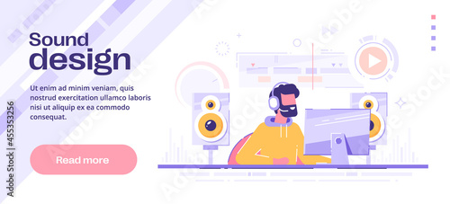 Sound design banner template. Movie editing and sound production vector illustration.