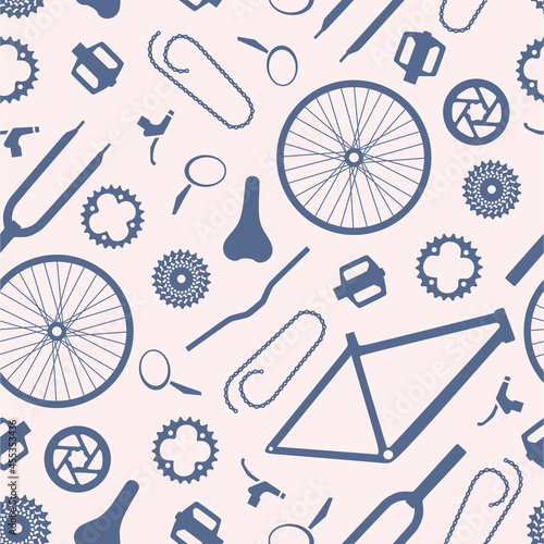 Bicycle parts seamless pattern. Spare for bike repair and service, workshop. Frame. Saddle. Brake. Pedal. Tire. Spoke. Fork.Rear derailleur. Rim. Chain ring. Colorful flat vector illustration isolated