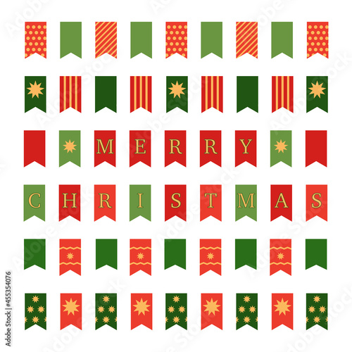 Large set templates of colorful paper garlands, Bunting flags for Christmas, New year. Bunting flags with inscription Merry Christmas. Elements for holiday decoration, to cut out. Vector illustration