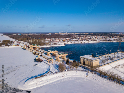 Aerial view to Hydroelectric power station IIvankovskaya HPP and dam on the Volga River near Dubna  Russia 