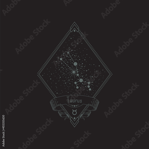 Sketch tattoo taurus constellation with title in a retro frame. Vector linear isolated diamond-shaped astrological illustration with rhombus, star system, ribbon and zodiac sign