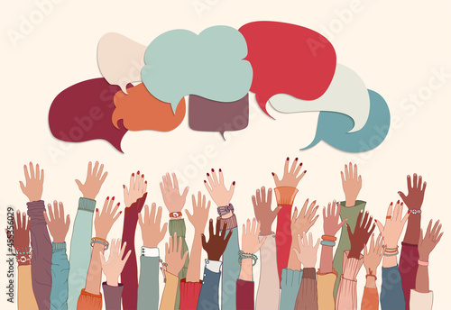 Anonymous arms and raised hands of multiethnic multicultural group people. Racial equality.Speech bubble.Crowd diversity people.Man and women of diverse races.Communication. Male female