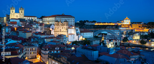 Famous view of Porto by night with moon,