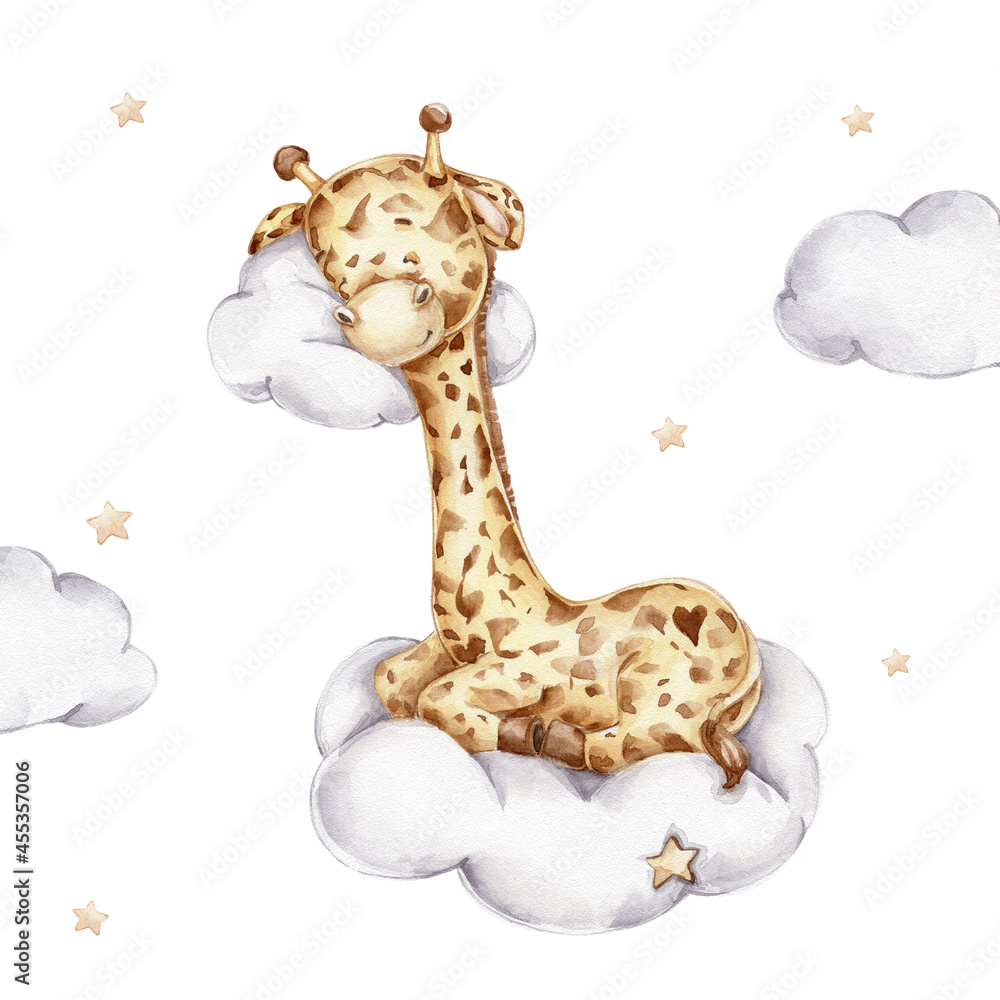 Cute giraffe sleeping on clouds; watercolor hand drawn illustration