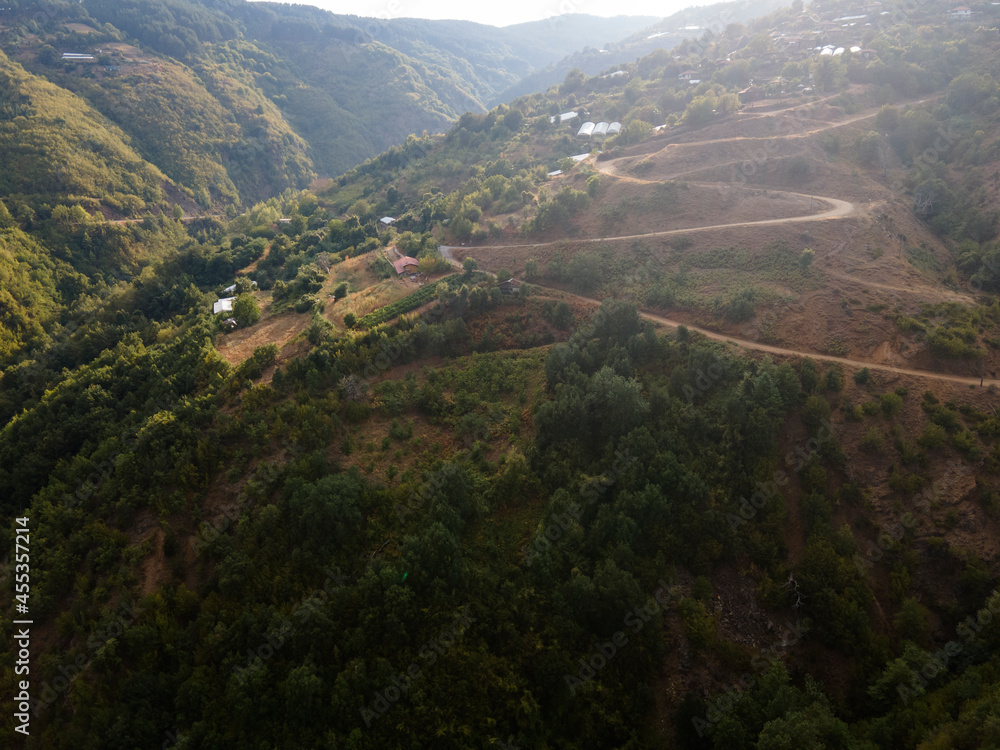 Fototapeta premium Aerial sunset view of Ograzhden Mountain, Bulgaria