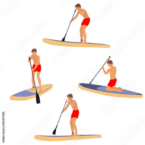 Set man  with SUP-BOARD stand-up padding. Paddle board beach man stand up on paddle board and learns surfing on water, silhouette, cartoon flat design, multicolored isolated on white background