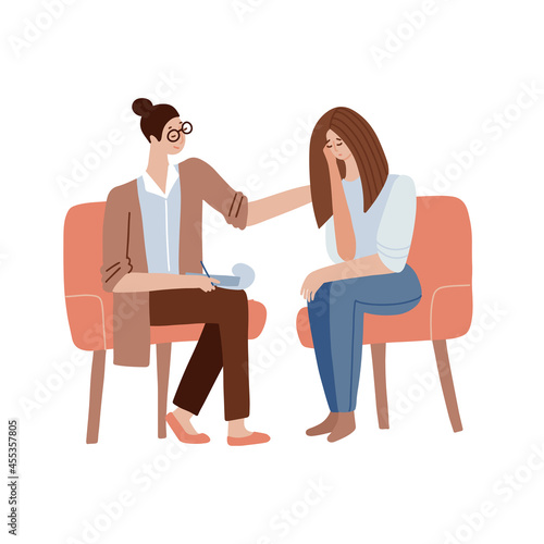 Female psychologist encourages the patient. A woman doctor is conducting a psychoanalysis session. Sad and depressed woman at the psychotherapist. Flat vector illustration.