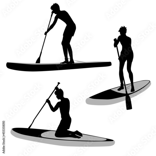 Set man  with SUP-BOARD stand-up padding. Paddle board beach man stand up on paddle board and learns surfing on water, silhouette, cartoon flat design, black and gray, isolated on white background