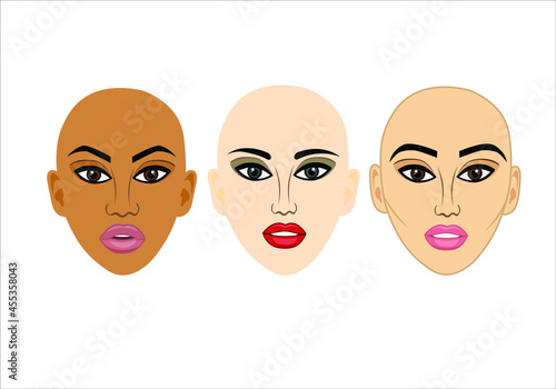 Set of woman faces of different ethnicity for design. Bald heads. con for beauty salon.