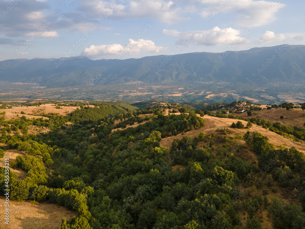 Obraz premium Aerial sunset view of Ograzhden Mountain, Bulgaria