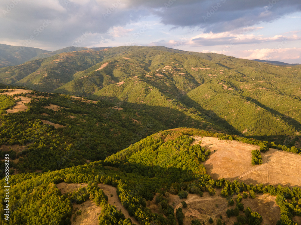 Aerial sunset view of Ograzhden Mountain, Bulgaria Aerial sunset view of Ograzhden Mountain, Bulgaria