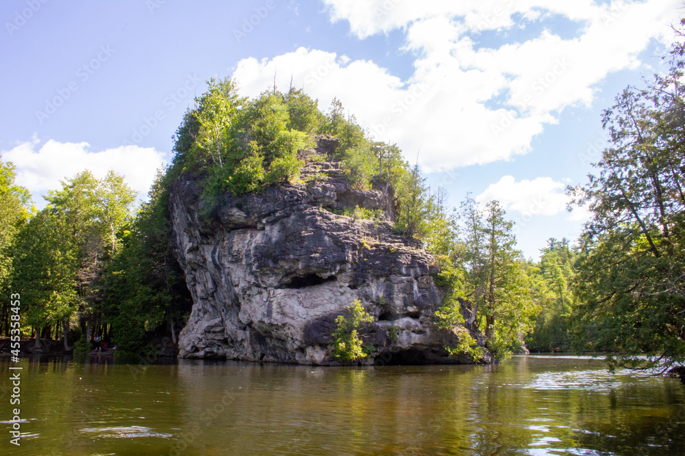 Tree topped rock cliff at water's edge
