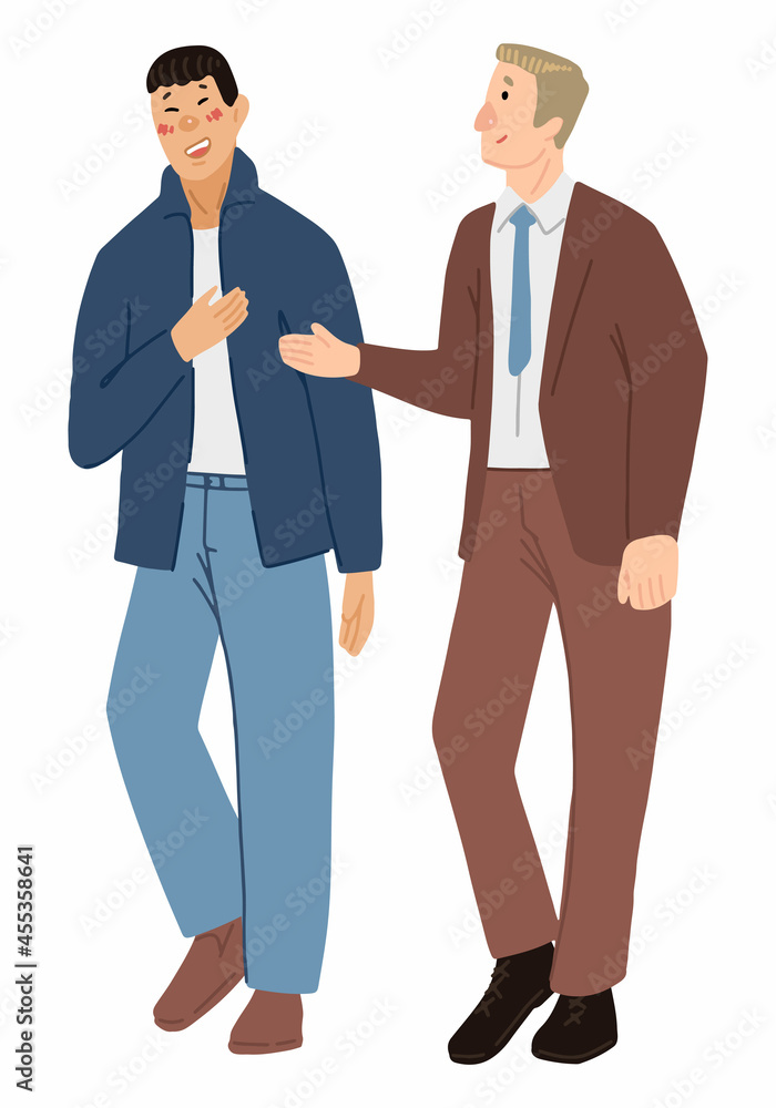 Two men communicate. Gay men couple talking. People of different races are friends. Hand drawn vector illustration. Cartoon style characters isolated on white background. Clip art for design. Two men communicate. Gay men couple talking. People of different races are friends. Hand drawn vector illustration. Cartoon style characters isolated on white background. Clip art for design.