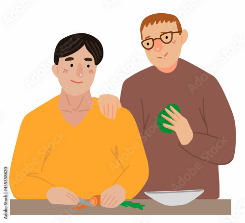 LGBT couple, one gender love. Gay men couple cooking together. Homosexual people in love. Hand drawn vector illustration. Cartoon style characters isolated on white background. Clip art for design.