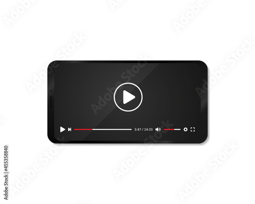Realistic style smartphone with video player on display. Video player or cinema app on phone screen isolated on white background. Vector EPS 10