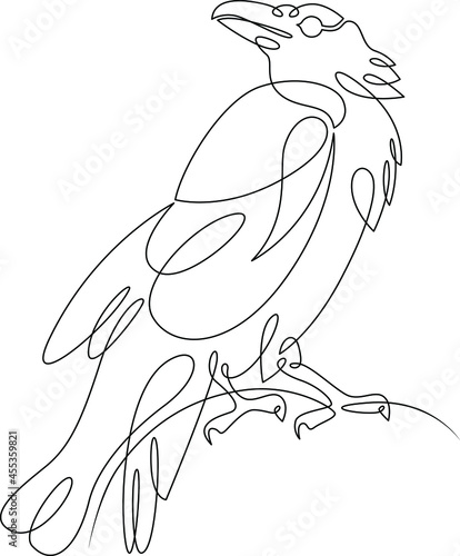 Raven bird logo. One continuous line.
Silhouette of a crow.
One continuous line drawing of logo isolated minimal illustration.