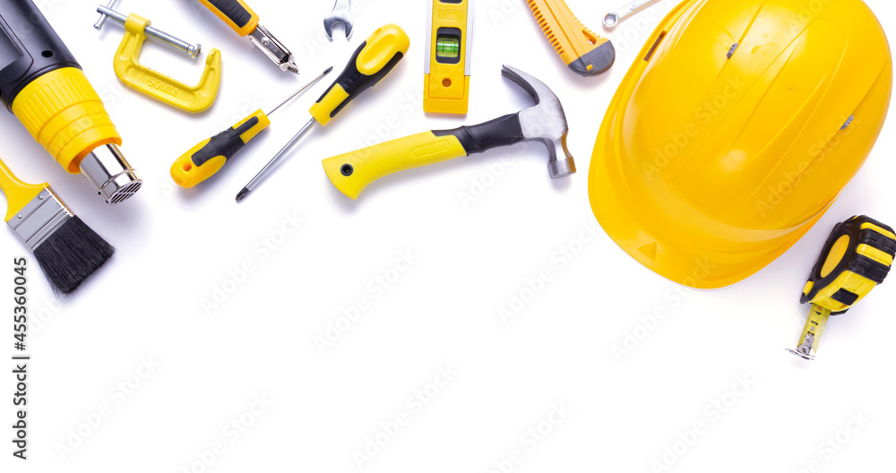 Construction tools isolated at white background. Kit of tool for renovatin Construction tools isolated at white background. Kit of tool for renovatin