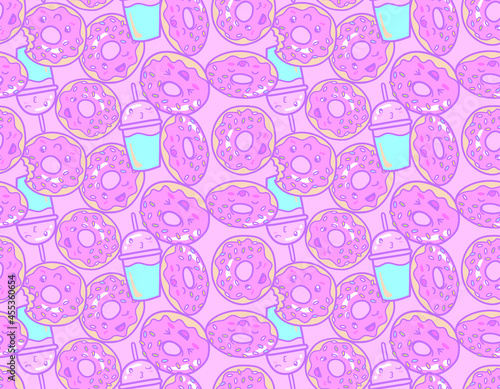 Cute donut seamless pattern repeat doughnut print for textiles or backgrounds. With sprinkles  coffee and milkshakes.