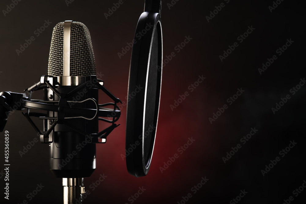 Professional studio microphone on a black-red background. Recording in a  sound recording studio. Vocals, conversational genre, television, radio  broadcasting. Advertising. Minimalism. Stock Photo | Adobe Stock
