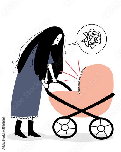 Postpartum depression. The girl is crying, is in apathy, stress, anxiety, bad mood. The child cries on a walk and the girl cannot stand it. Vector hand drawn illustration 