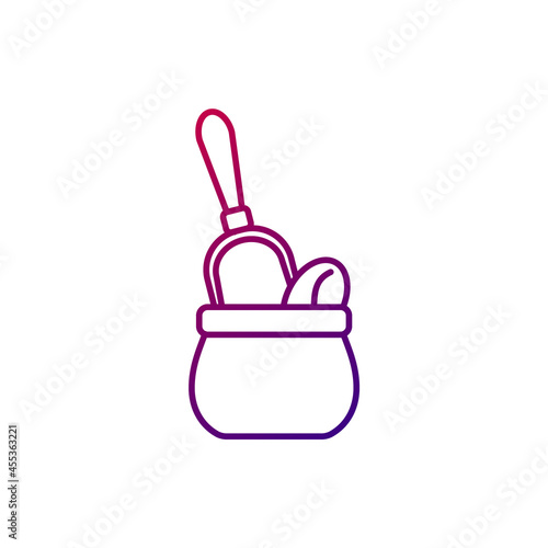 Coffee sacs with scoop and beans outline icon. Purple gradient symbol. Isolated vector illustration