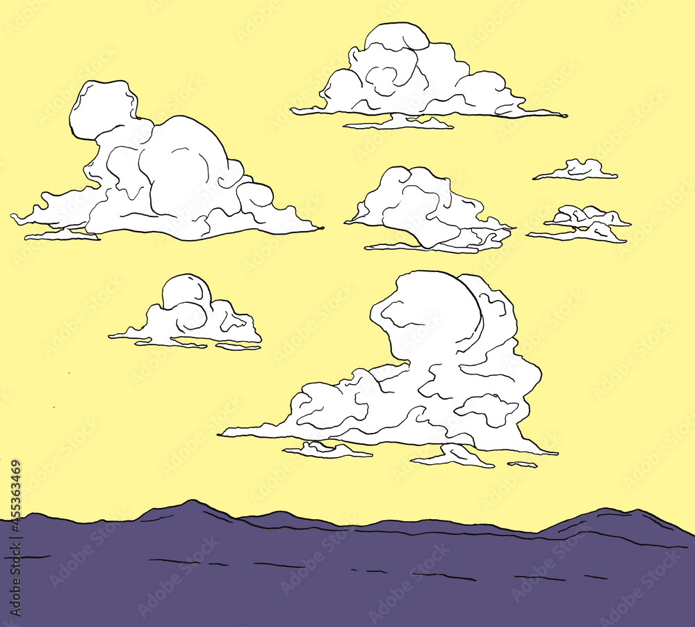 Hand drawn colorful clouds and landscape illustration set