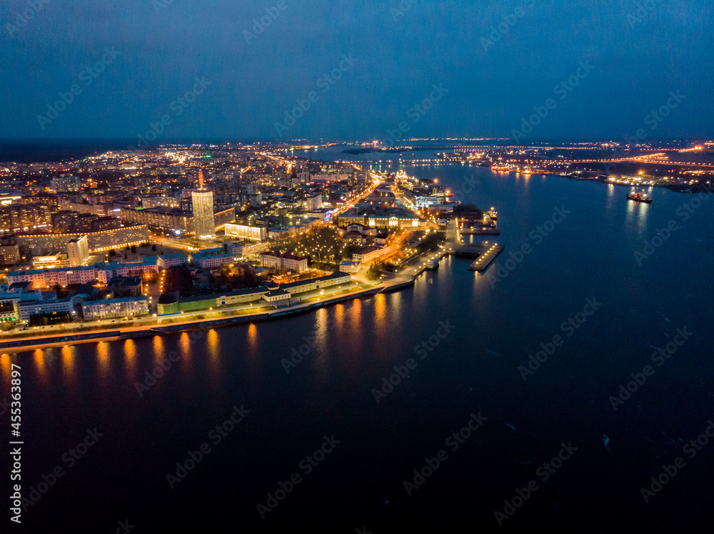 Bird's eye view of Arkhangelsk. Evening cityscape 