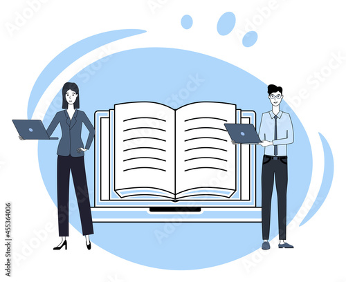 Electronic library.People use digital books.A laptop with applications for reading books.Online store of electronic literature.Flat vector illustration.