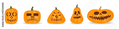 Halloween pumpkin on a white background, orange pumpkin with different shapes and faces. Vector illustration.