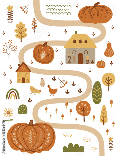 Autumn pumpkin harvest festival in village. Cute map with pumpkins, houses, farm cottage, chicken, tree. Fall invitation. Vector autumn illustration. Garden, farm, agriculture. Nature scene poster.