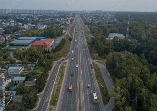 Gorkovskoe highway, Kazan, Tatarstan. The highway leading to the city. Cars on the paved road.