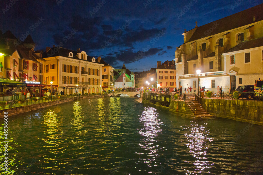 Annecy in Alps, Old city canal view by night, France, Europe Annecy in Alps, Old city canal view by night, France, Europe