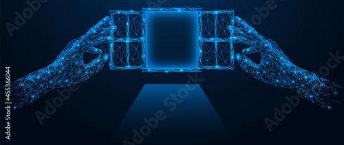Two hands open the windows. A portal to the world of technology. Low-poly construction of lines and points. Blue background.