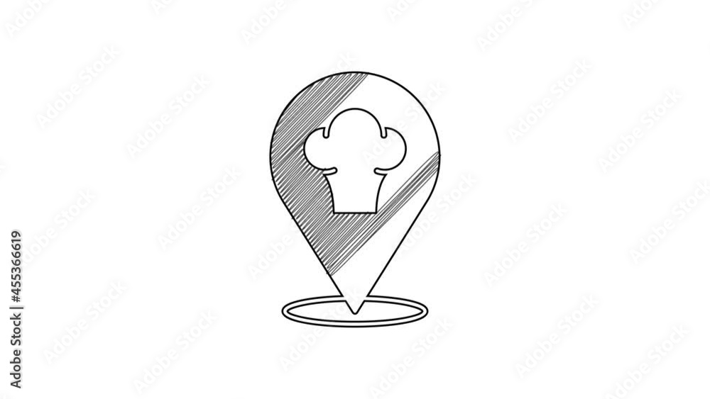 Black line Chef hat with location icon isolated on white background. Cooking symbol. Cooks hat. 4K Video motion graphic animation Black line Chef hat with location icon isolated on white background. Cooking symbol. Cooks hat. 4K Video motion graphic animation