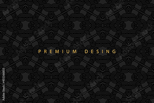 Geometric volumetric convex ethnic 3D pattern, cover design. Embossed vintage black background, original doodling ornament, unique arabesque. Oriental, Indonesian, Asian, Mexican, Aztec motives.