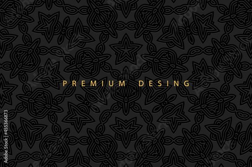 Geometric volumetric convex ethnic 3D pattern, cover design. Embossed vintage black background, doodling ornament, fashionable arabesque. Oriental, Indonesian, Asian, Mexican, Aztec motives. 