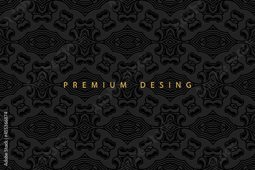 Geometric volumetric convex ethnic 3D pattern, cover design. Embossed vintage black background, doodling ornament, exotic arabesque. Oriental, Indonesian, Asian, Mexican, Aztec motives