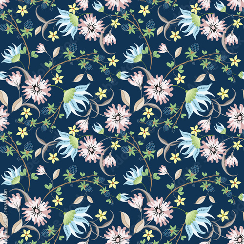 Vector beautiful seamless pattern. Abstract texture with cute meadow flowers, leaves, branches, blackberries on a blue background. Repeat designs for decoration, fabric, wallpaper, cover, packaging
