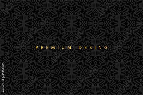 Geometric volumetric convex ethnic 3D pattern, cover design. Embossed vintage black background, doodling ornament, abstract arabesque. Oriental, Indonesian, Asian, Mexican, Aztec motives.