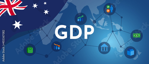 Australia GDP gross domestic product of Australian flag and map illustration country productivity