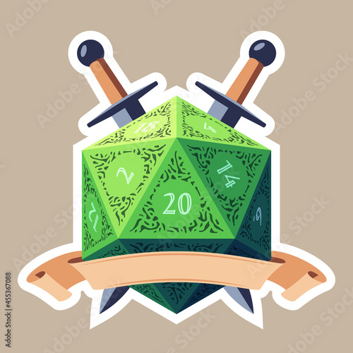 Green D20 Die With Beige Ribbon and Swords. Flat Style