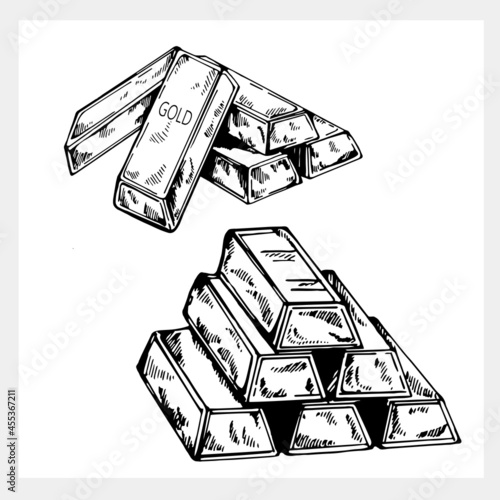 Hand drawn sketch style bars of gold isolated on white background. Vector illustration.