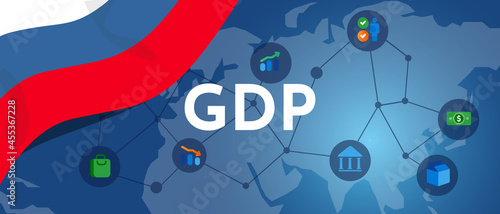 Russia GDP gross domestic product of Russian flag and map illustration country productivity